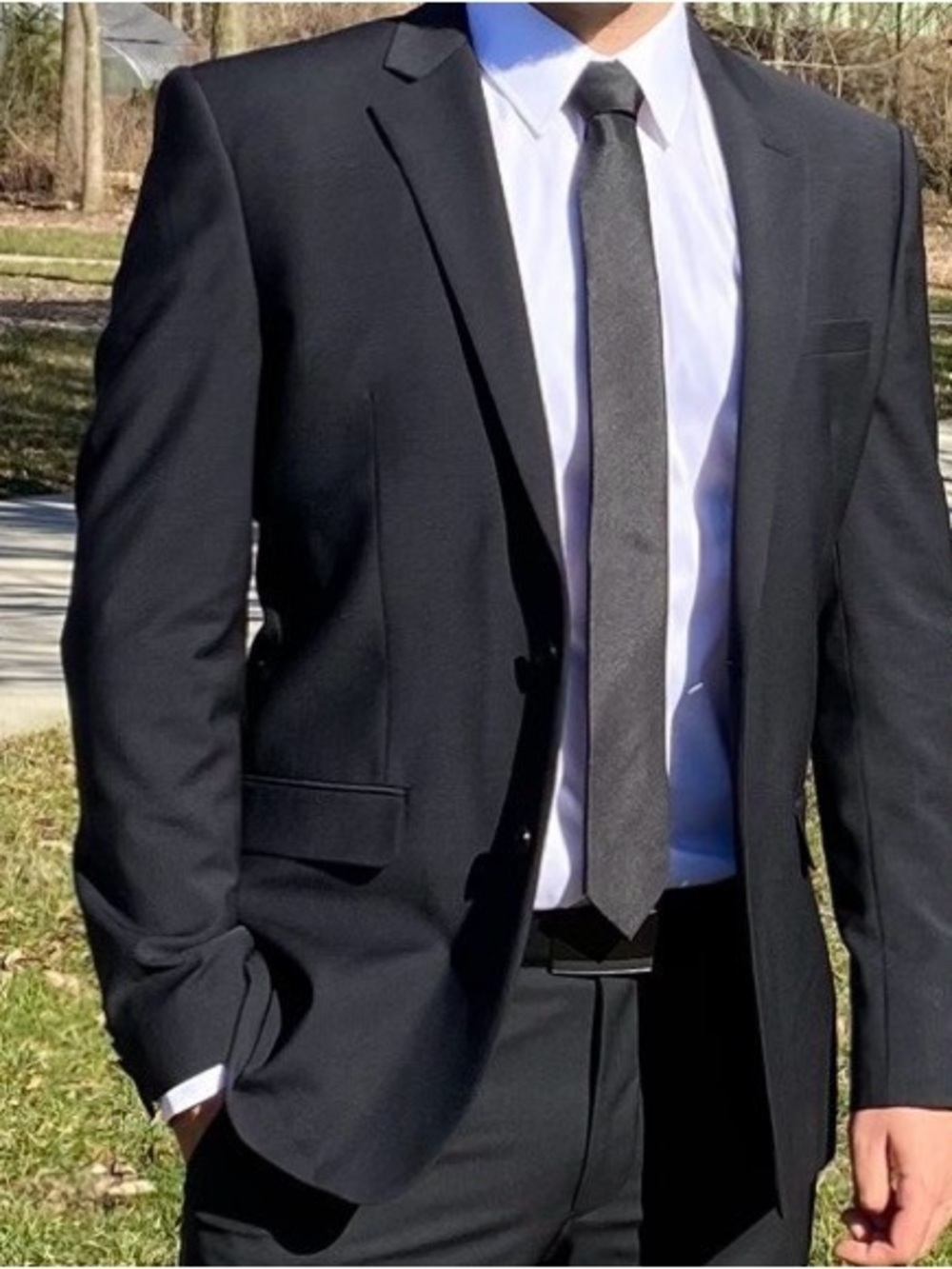 Express Men's Black Two-Piece Suit with Black Tie